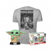 Funko Pop! & majica (za odrasle): Disney SW The Mandalorian - Mando Grogu with Cookie Flocked (SE) Vinyl Figura i Majica (L) 