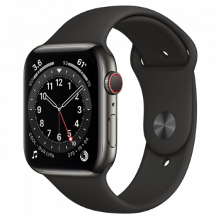 Apple Watch S6 GPS Cellular, 44mm Graphite Stainless Steel Case with Black Spo Mobile